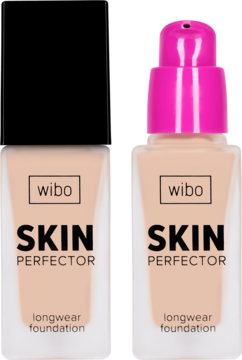Długotrwały podkład Wibo Skin Perfector, dwie butelki: z czarną nakrętką i różową pompką, widok z przodu.