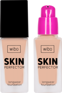 Dwa podkłady Wibo Skin Perfector longwear foundation, jeden z czarną nakrętką, drugi z różową pompką, beżowe.