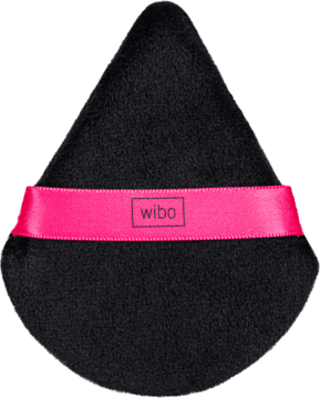 Czarny, trójkątny puszek Wibo Triangle Powder Puff z różową wstążką i logo, idealny do bakingu i konturowania.
