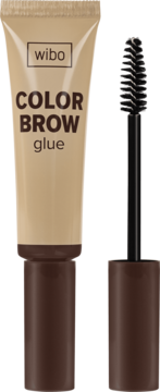 Koloryzujący klej do brwi Wibo Color Brow Glue w beżowej tubce obok brązowego aplikatora.