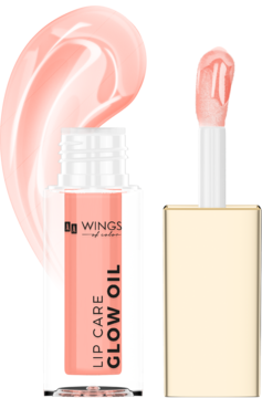 Pielęgnujący olejek do ust Wings Glow Oil 01 Peach, butelka z aplikatorem i dużą próbką koloru.