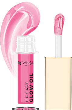 Pielęgnujący olejek do ust Wings Glow Oil 03 Cherry, butelka i aplikator na tle różowej smugi.