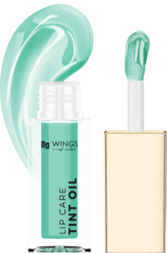 Miętowy olejek do ust WINGS Lip Care Tint Oil, błyszcząca butelka, aplikator obok, zielona smuga w tle.