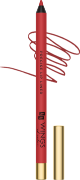 Czerwona matowa kredka do ust Precise Lip Liner Wings, z otwarta złotą skuwką i próbną kreską koloru.