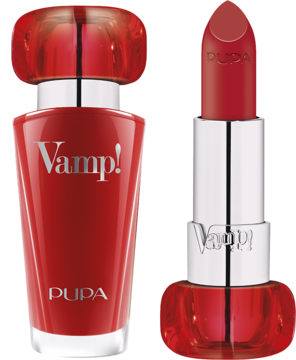 Pupa Vamp! perfumy i szminka Iconic Red 303 w czerwonych opakowaniach, widok z przodu.