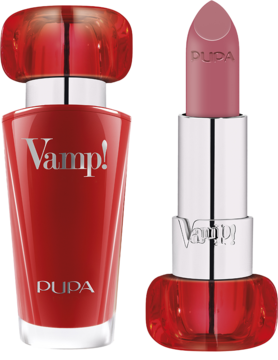 Pupa Vamp! różowa szminka powiększająca usta w czerwonej tubce obok czerwonej butelki perfum, widok z przodu.