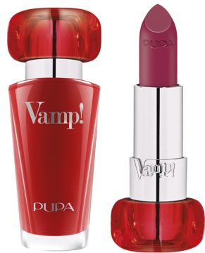 Szminka Pupa Vamp! powiększająca Black Cherry i czerwony flakon perfum, widok z przodu.