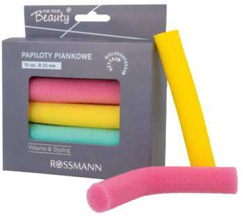 Papiloty piankowe Rossmann 19 cm: kolorowe wałki (żółty, różowy, zielony) w szarym pudełku i luzem.