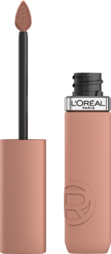 L'Oréal Paris Infaillible Matte Resistance, matowa pomadka w płynie nude, otwarta butelka z aplikatorem.