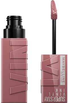 Maybelline Super Stay Vinyl Ink Awestruck, pomadka winylowa w kolorze zgaszonego różu z aplikatorem.