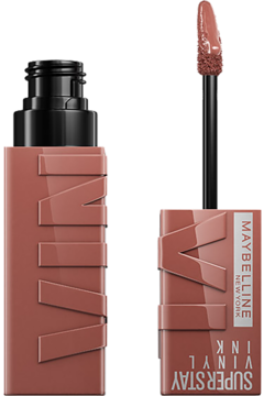 Maybelline Super Stay Vinyl Ink winylowa pomadka Punchy. Otwarta butelka z aplikatorem, widok z przodu.