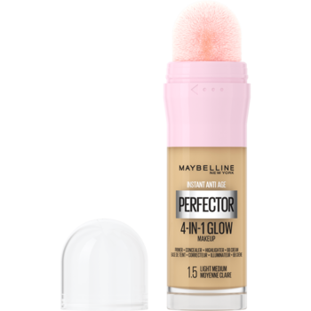 Maybelline Instant Perfector 4in1 Glow, beżowy podkład z różowym aplikatorem w butelce, obok biała nakrętka, widok z przodu.
