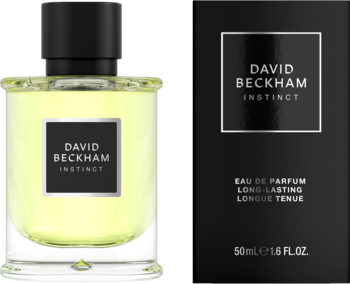 Flakon perfum David Beckham Instinct EDP z żółtym płynem i czarną nakrętką, obok czarnego pudełka. Widok z przodu.