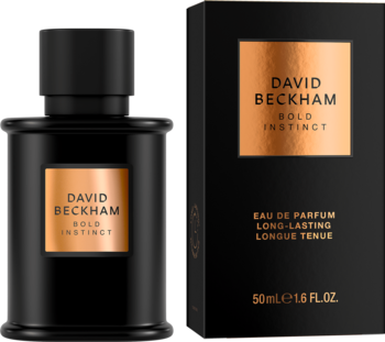 David Beckham Bold Instinct Eau de Parfum, czarny flakon i pudełko z miedzianą etykietą, widok z przodu.
