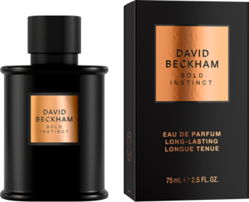 Męska woda perfumowana David Beckham Bold Instinct: czarny, matowy flakon i pudełko z miedzianą etykietą.
