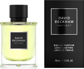 David Beckham Instinct EDP: jasnożółta butelka z czarną nakrętką i pasujące czarne pudełko obok.