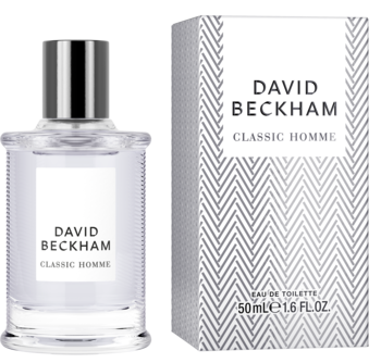 David Beckham Classic Homme woda toaletowa 50ml: butelka z metalową nakrętką i pudełko w jodełkę.