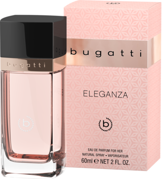 Różowa butelka perfum Bugatti Eleganza z czarnym korkiem i złote akcenty, obok pasującego różowego kartonu, widok pod kątem.