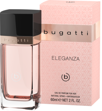Bugatti Eleganza Eau de Parfum for her 60ml, różowa butelka i pudełko z logo, widok z przodu pod kątem.