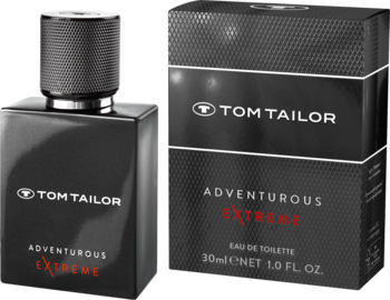 Czarna butelka Tom Tailor Adventurous Extreme woda toaletowa i dopasowane, prostokątne pudełko, widok z przodu.