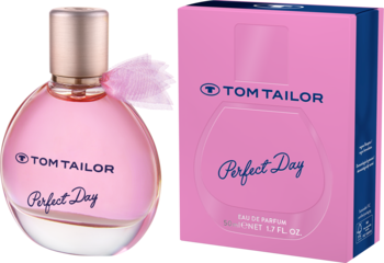 Zestaw perfum Tom Tailor Perfect Day: różowa butelka z złotą nakrętką i pasujące pudełko, widok z przodu.
