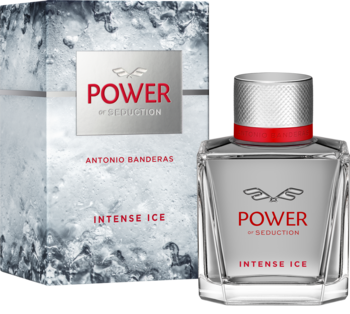 Antonio Banderas Power of Seduction Intense Ice EDT: szklana butelka i pudełko z mroŹnym wzorem, oba widoczne.