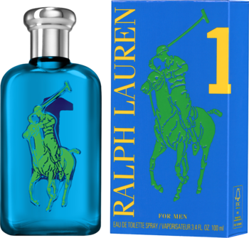 Ralph Lauren The Big Pony 1 Blue, męska woda toaletowa w błękitnej butelce obok pudełka z zielonym jeźdźcem.