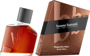 Bruno Banani Magnetic Man EDT, pochylona butelka z bursztynowym płynem i ciemnym korkiem obok brązowego pudełka.