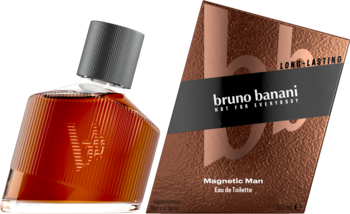 Bruno Banani Magnetic Man EDT: przechylony flakon z bursztynowym płynem i brązowe pudełko z logo. Drzewno-ambrowy zapach.
