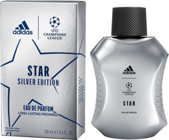 Srebrna woda perfumowana Adidas Star Silver Edition 100ml i pudełko, widok z przodu, metaliczny flakon.