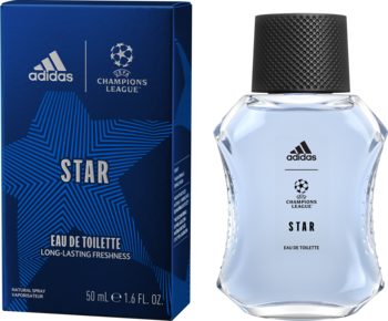Adidas UEFA Champions League Star EDT. Granatowe pudełko i jasnoniebieski flakon w kształcie trofeum, widok z przodu.