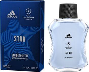 Adidas UEFA Champions League STAR, męska woda toaletowa: niebieskie pudełko i szklana butelka 100ml, widok z przodu.