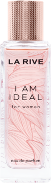 LA RIVE I AM IDEAL for woman EDP, prostokątna butelka z różowym płynem, miedziana teksturowana nakrętka i kwiatowy wzór.