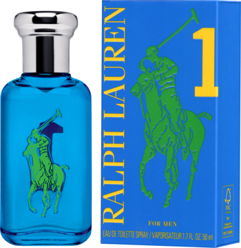 Męska woda toaletowa Ralph Lauren The Big Pony 1 Blue: niebieska butelka z zielonym logo i pudełko, widok z przodu.