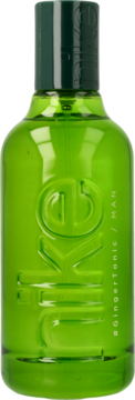 Zielona woda toaletowa Nike Ginger Tonic Man, szklana butelka z wytłoczonym logo i zieloną nakrętką.