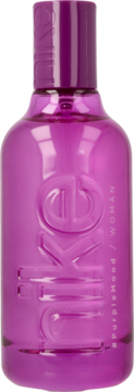 Fioletowa woda toaletowa Nike Purple Mood Woman, butelka z wytłoczonym logo, widok z przodu.