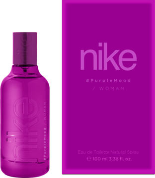 Fioletowe perfumy damskie Nike #PurpleMood, elegancka butelka i kartonowe pudełko z logo, widok z przodu.
