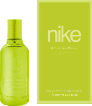 Nike #YummyMusk Woman Eau de Toilette 100ml, limonkowo-zielona butelka i pudełko, widok z przodu.