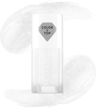 Top Semilac COLOR & TOP z efektem Glazed Donut Nails, biała butelka z srebrnym brokatem, widok z przodu.
