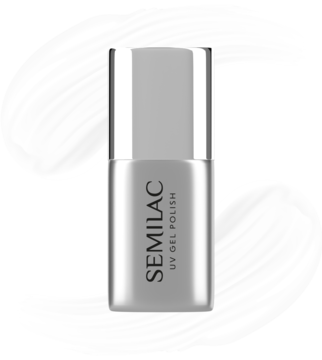 Metaliczna, srebrna butelka Semilac UV Gel Polish do manicure hybrydowego, widok z przodu, na białym tle.