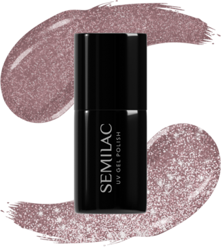 Semilac UV Gel Polish Dawn till Dusk, butelka brudnoróżowego lakieru z wielowymiarowymi drobinkami, z próbkami.