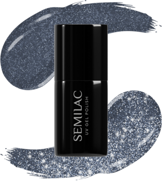 Semilac lakier UV "Classy&Sassy" z iskrzącymi drobinkami, ciemnoszara butelka, na tle dwóch swatches.