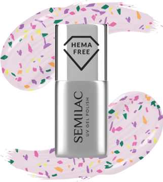 Semilac Top no wipe matte Violet Galaxy UV Gel Polish, srebrna butelka HEMA FREE na brokatowym tle.