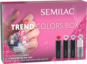 Zestaw Semilac Trend Colors Box, różowe pudełko z 4 lakierami hybrydowymi i dłonią z disco kulą.