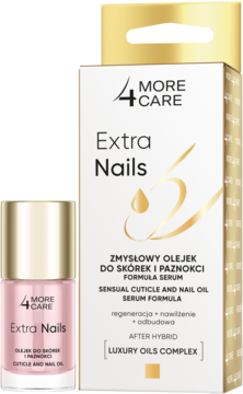 More4Care Extra Nails Zmysłowy Olejek do skórek i paznokci w różowej butelce obok złotego pudełka.