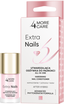 More4Care Extra Nails, utwardzająca odżywka do paznokci w pastelowym różu, butelka i kartonik z przodu.