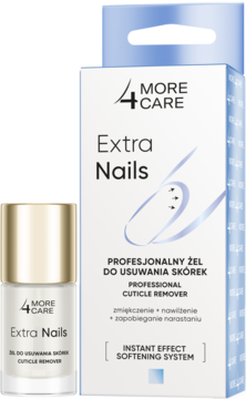 More4Care Extra Nails żel do usuwania skórek, przezroczysta butelka obok biało-niebieskiego pudełka, widok z przodu.