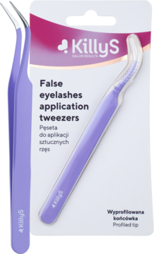 Purple KillyS false eyelashes application tweezers with profiled tip in a blister pack, angled view.