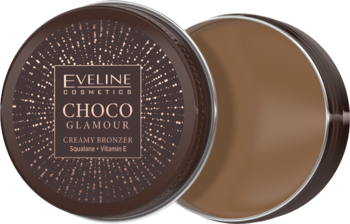 Kremowy bronzer Eveline Choco Glamour do konturowania, Squalane+Vitamin E, dwa brązowe słoiczki, jeden otwarty.