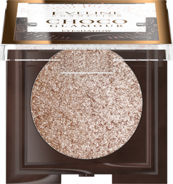 Eveline Choco Glamour, błyszczący cień w odcieniu różowego złota w otwartym brązowym kompakcie.